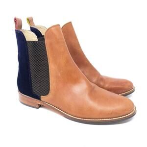 Joules Westbourne Tan Leather Navy Blue Velvet Chelsea Boot US Womens Size 9
